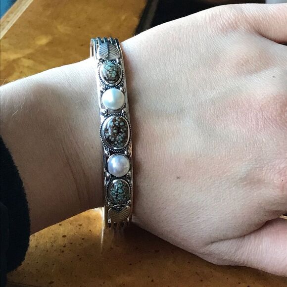 Royston Blue Horizon Turquoise White Pearl Sterling Silver Cuff Bracelet - Picture 2 of 7